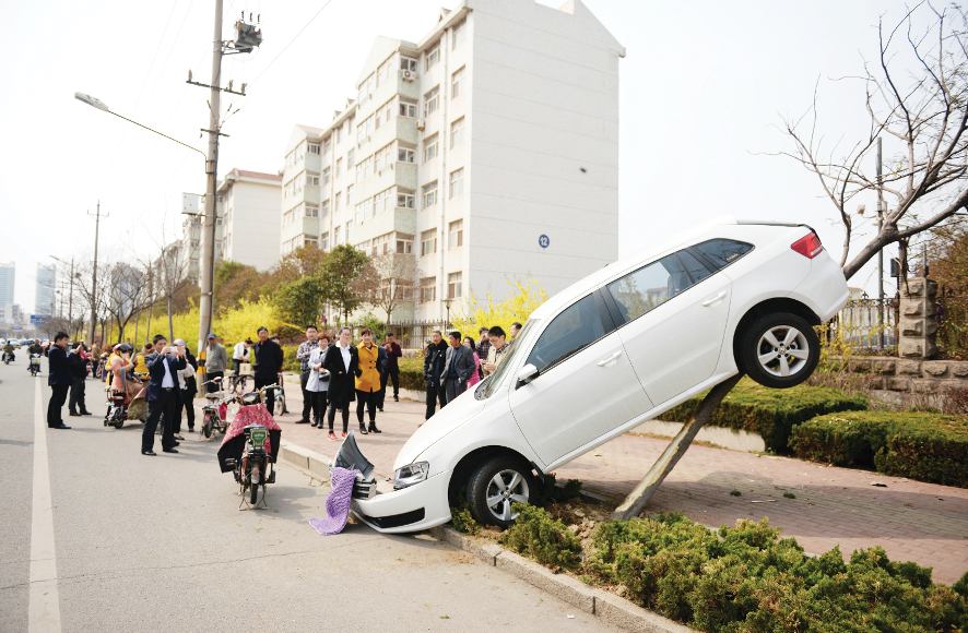 錯(cuò)把油門當(dāng)剎車 實(shí)習(xí)女司機(jī)開車“上樹”